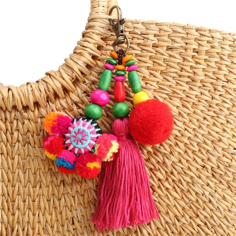 QTMY Cute Pom Pom Tassel Boho Bag Charm Pendant Keyring Keychain for Women Purse Handbag Decor (7) - Image 1